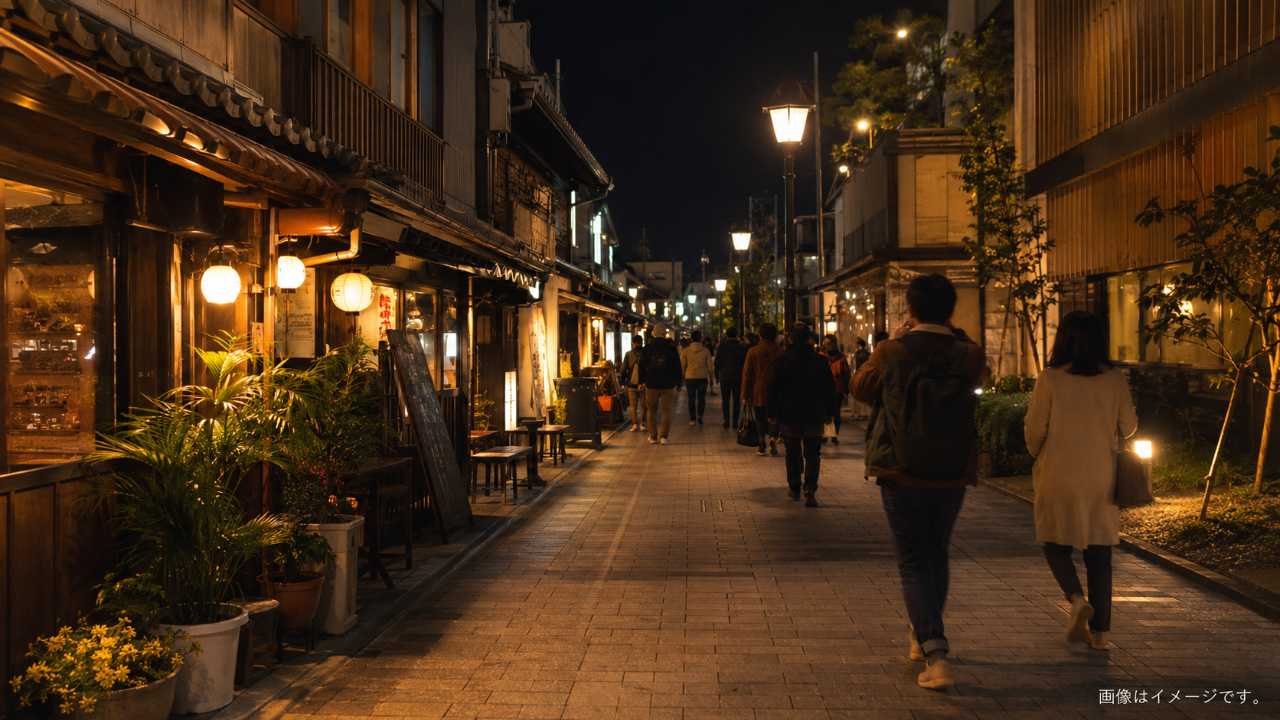 。米子駅前の夜をイメージした飲食店街、暖色の灯り、歩きやすい通り、旅行者が夜ご飯を探している雰囲気