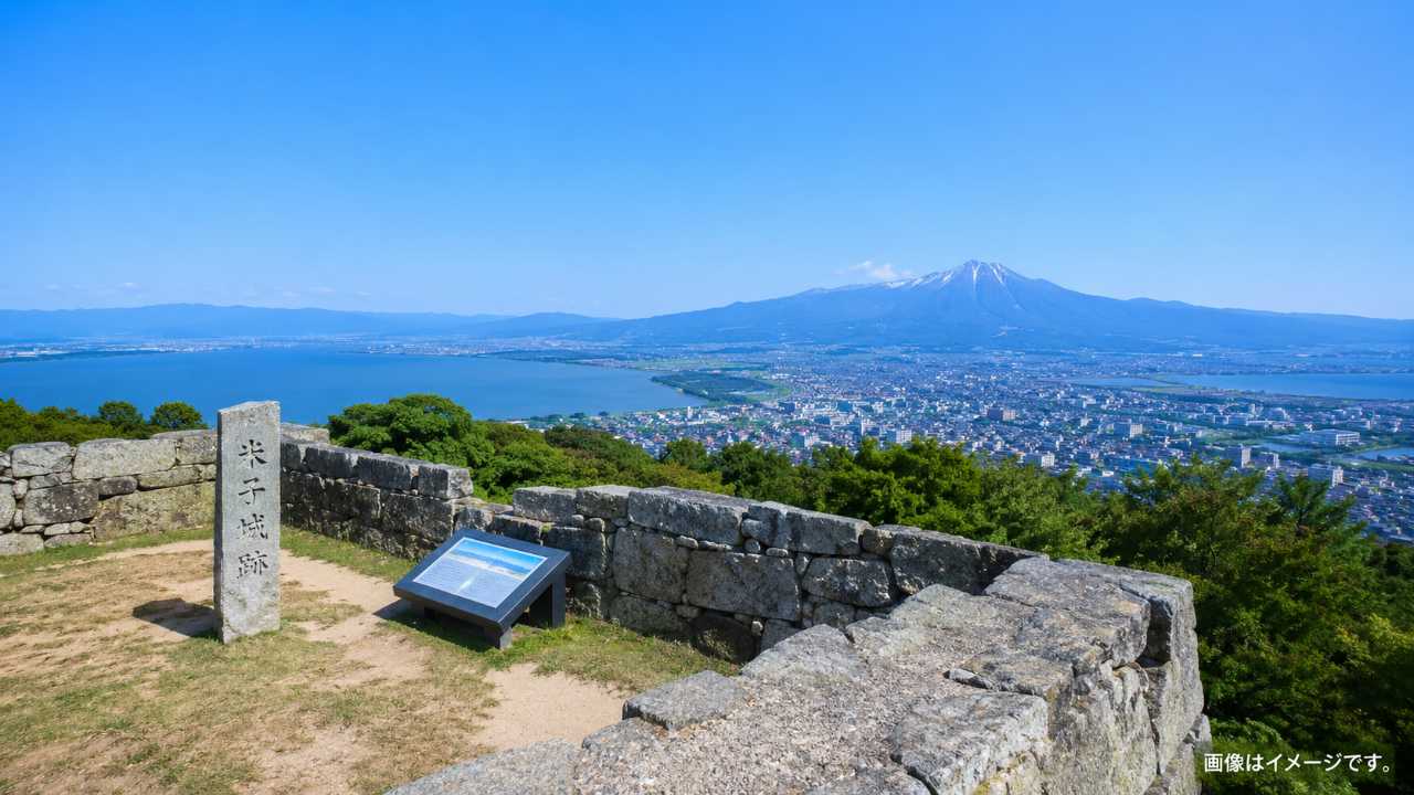 鳥取県米子市の米子城跡をテーマにしたブログ用アイキャッチ画像。青空の下、山上の天守台石垣から中海と大山、市街地を見渡す実写風の美しい観光写真風