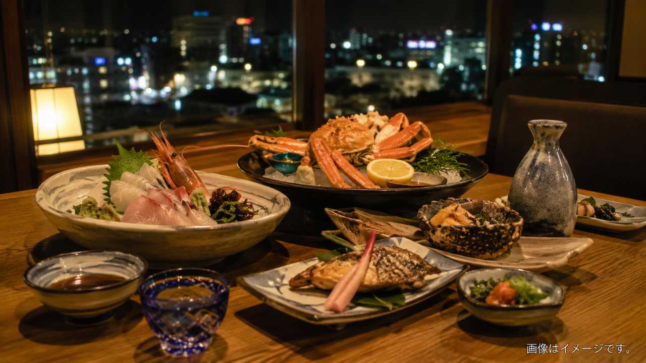 米子の夜ご飯をテーマに、山陰の海鮮料理、地酒、温かい店内照明、夜の街の雰囲気を組み合わせた実写風ブログ用アイキャッチ