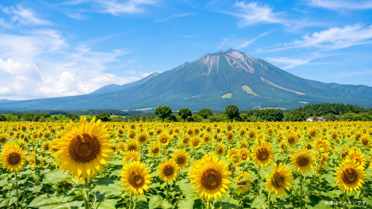 。鳥取県米子周辺の夏のひまわり畑、大山を背景に、青空と黄色いひまわりが広がる実写風のブログ用アイキャッチ