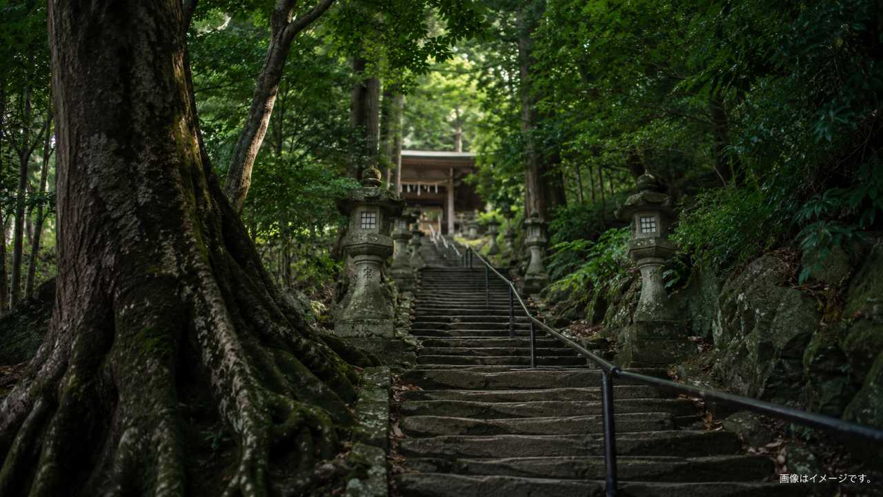 粟嶋神社をイメージした石段と深い緑の参道