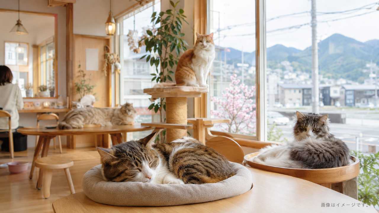 明るく清潔感のあるカフェ店内で、複数の猫がくつろぎ、窓からやわらかな自然光が入る写真風の構図