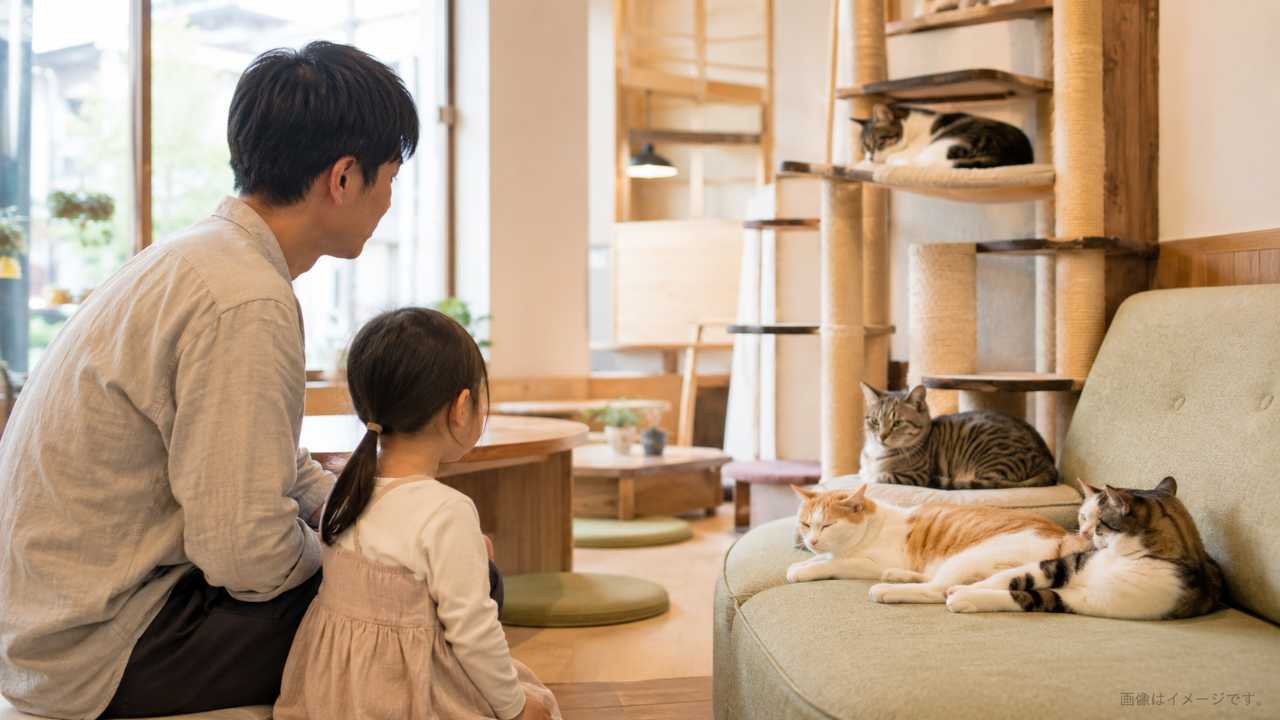 親子が猫カフェで静かに猫を見守っている写真風イメージ