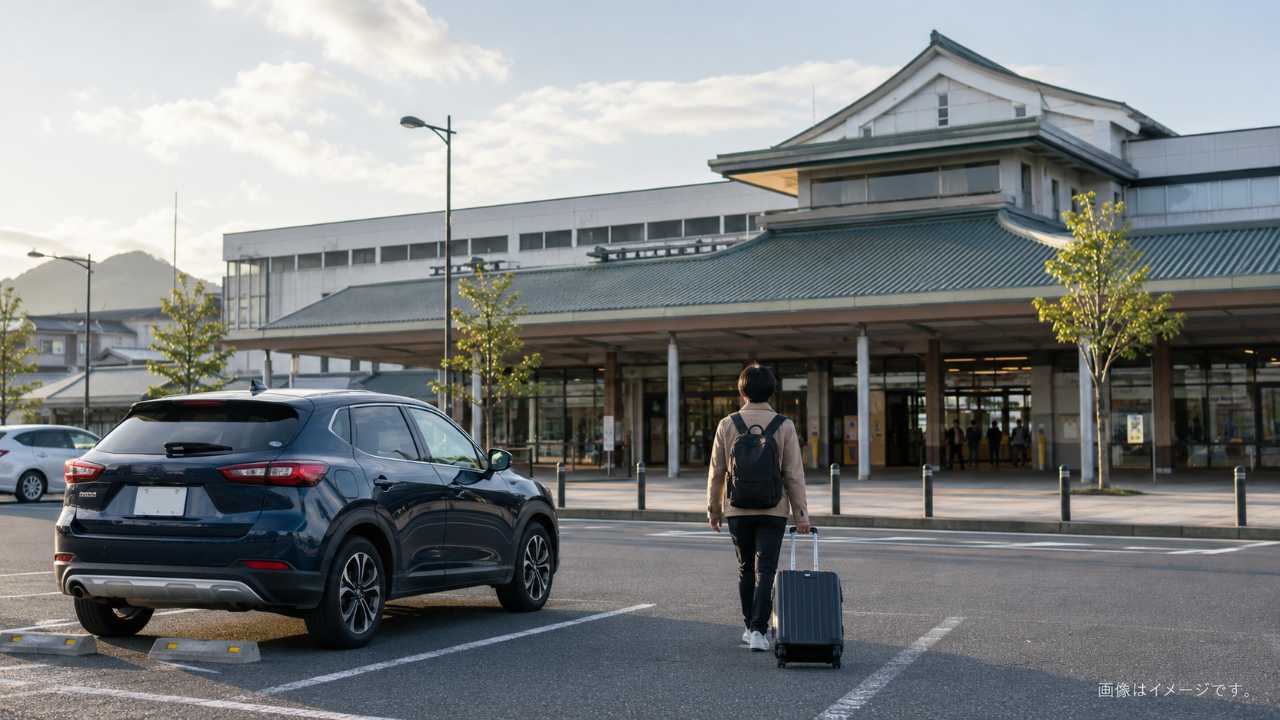 米子駅周辺の駐車場に車を停め、スーツケースを持った旅行者が駅へ向かう自然な写真風イメージ