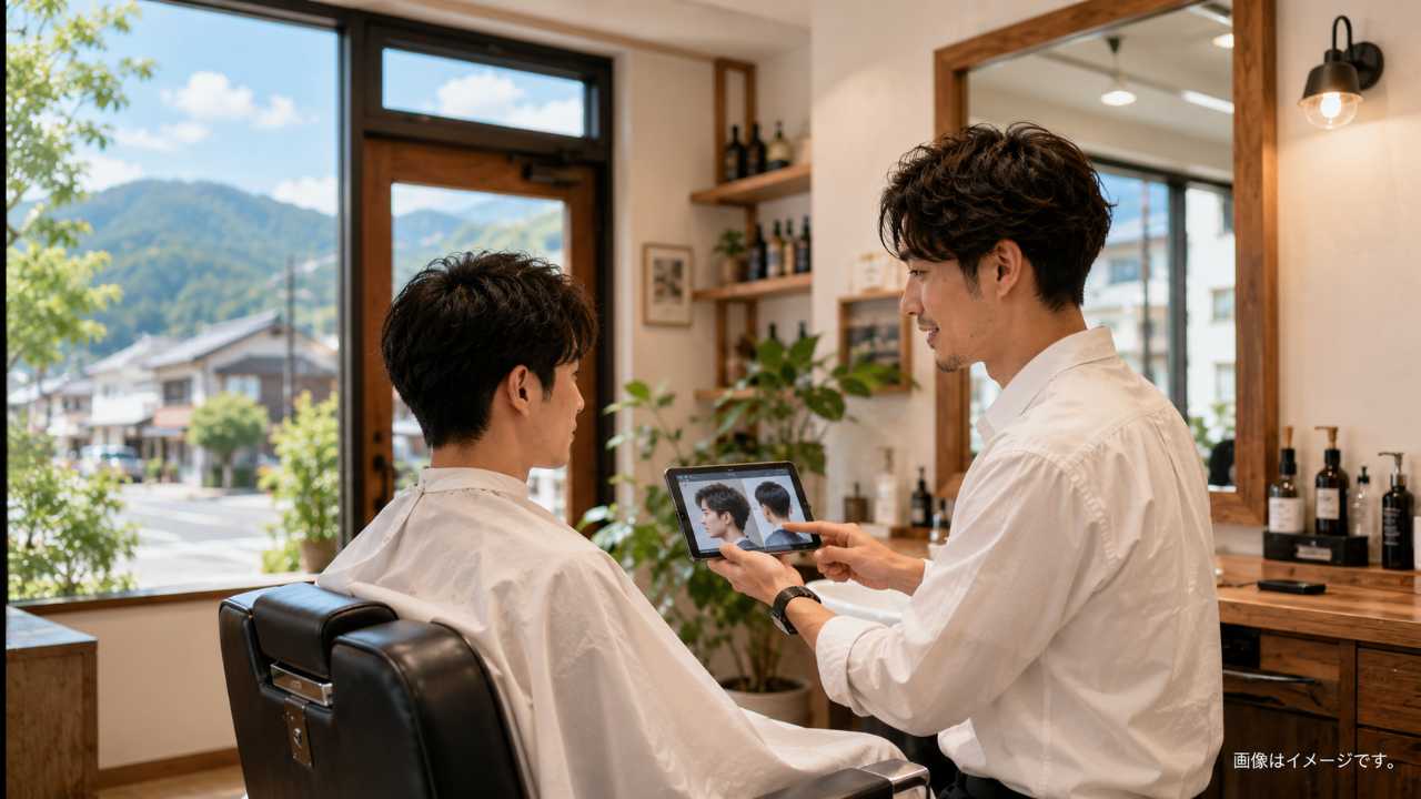 清潔な理容室の店内で、カットクロスをかけた男性がカウンセリングを受けている自然な写真風イメージ