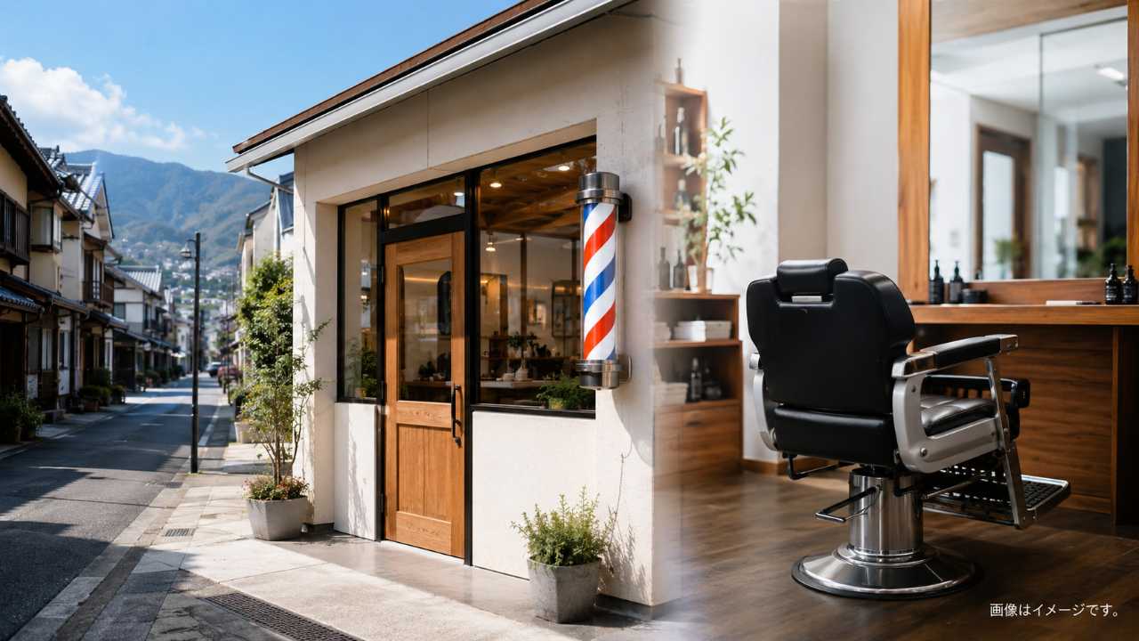 米子の落ち着いた街並みを背景に、清潔感のある理容室の外観とメンズカットを連想させるカットチェアを自然に配置したブログ用アイキャッチ