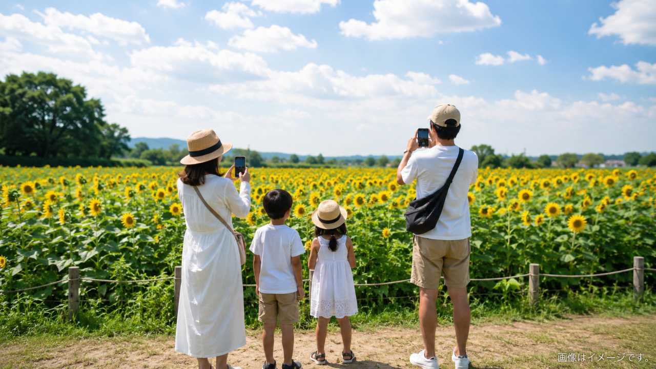 ひまわり畑でスマートフォン撮影を楽しむ家族の後ろ姿