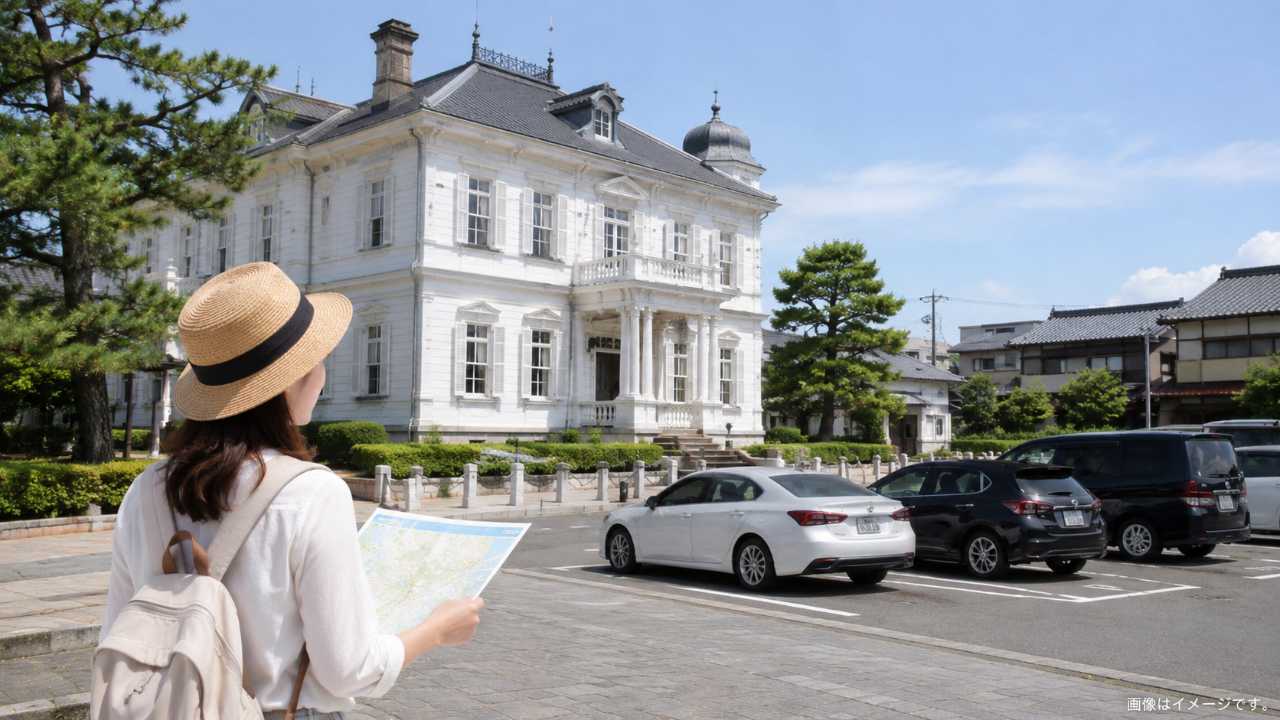 仁風閣周辺の観光駐車場ガイドを表現するブログ用アイキャッチ