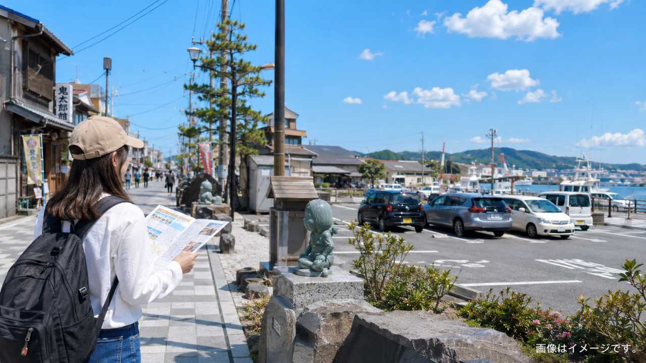 境港の観光地をイメージしたブログ用アイキャッチ画像。水木しげるロード風の商店街