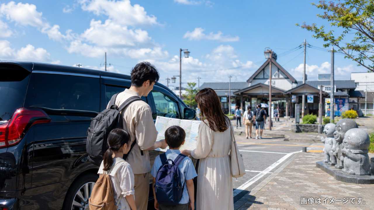境港駅周辺の駐車場から観光を始める家族旅行のイメージ