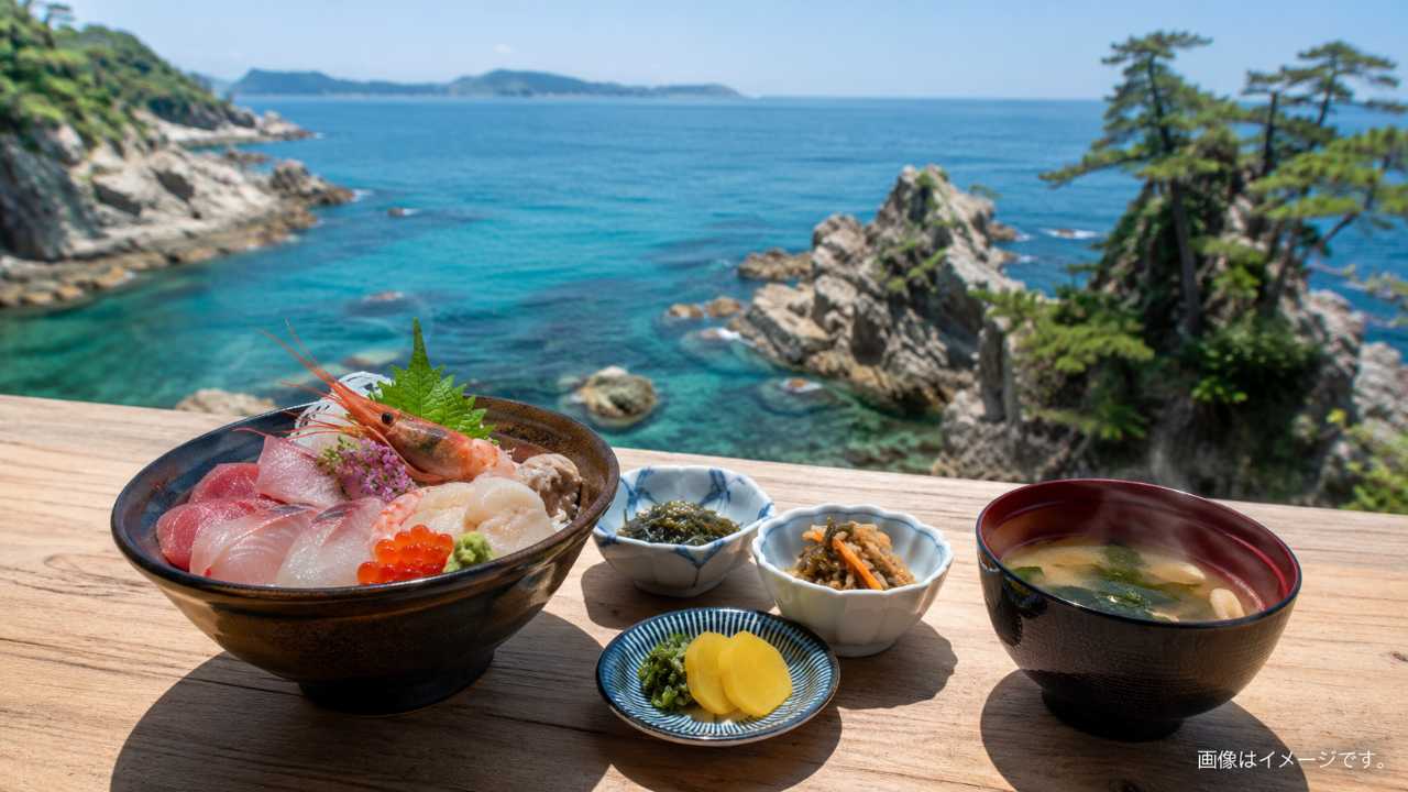 鳥取県岩美町の浦富海岸を背景に、木のテーブルへ海鮮丼と小鉢、味噌汁を自然に配置したブログ用アイキャッチ