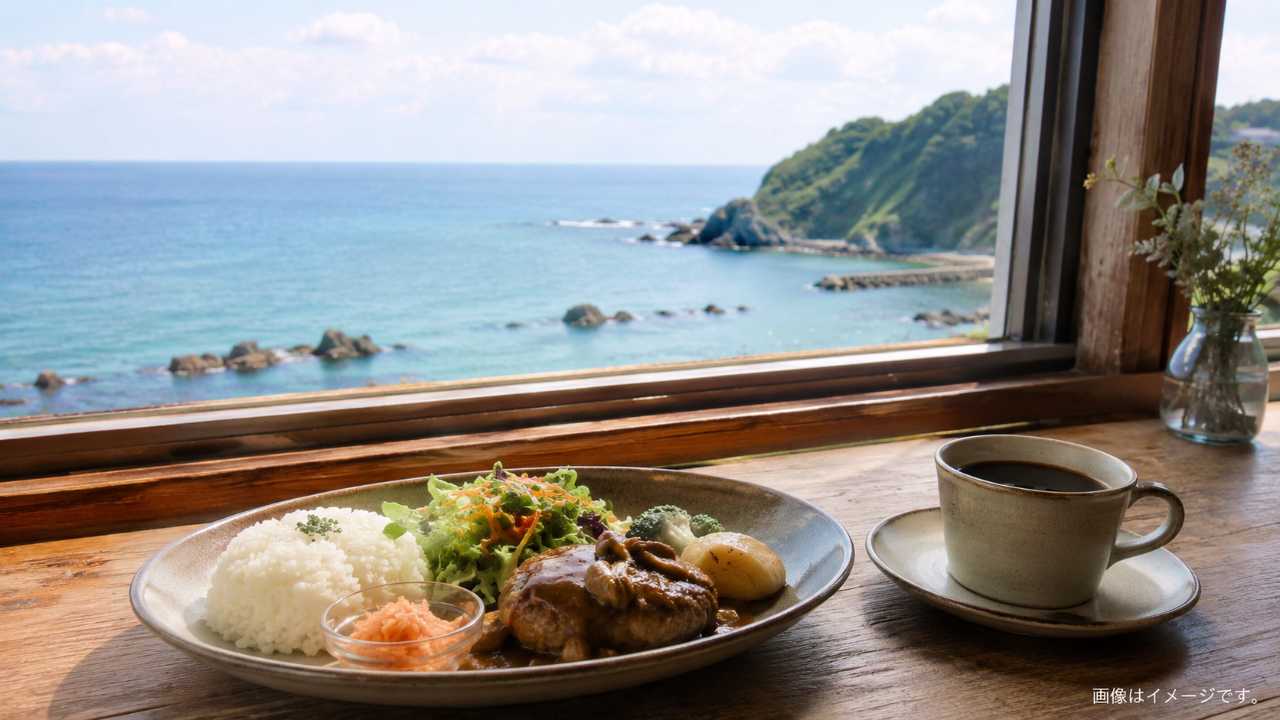 岩美町の海辺カフェをイメージし、窓の外に青い海、テーブルにランチプレートとコーヒーを置いた実写風写真