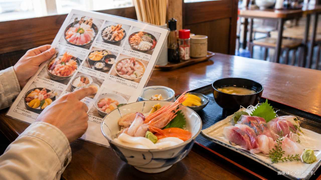 賀露港の市場食堂で海鮮メニューを選ぶ旅行者の手元