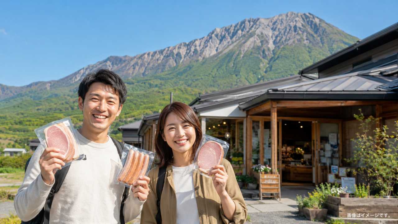鳥取県大山の雄大な山並みを背景に、清潔感のある食品直売所の外観と、ハムやソーセージを持った旅行者が笑顔で立っている