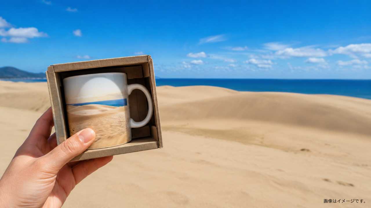 鳥取砂丘と青空を背景に、限定マグカップのお土産箱を持つ手元の写真風画像