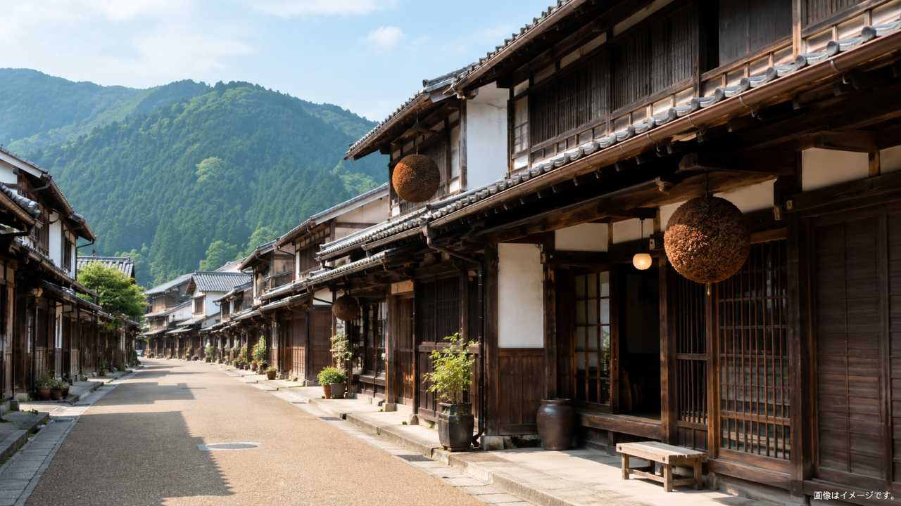 鳥取県の歴史ある宿場町「智頭宿」をイメージしたブログ用アイキャッチ。古い町屋、木造建築、軒先の杉玉