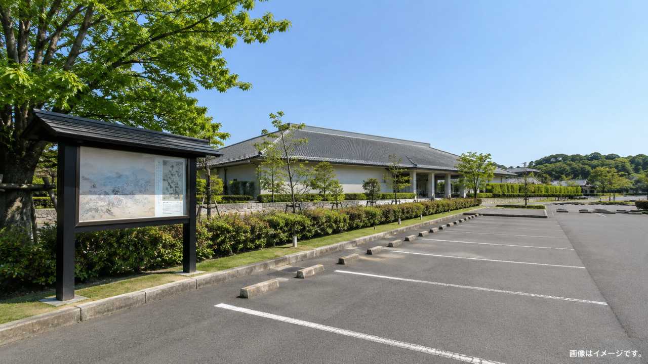 鳥取県立博物館の駐車場をイメージした、整った駐車スペースと案内板