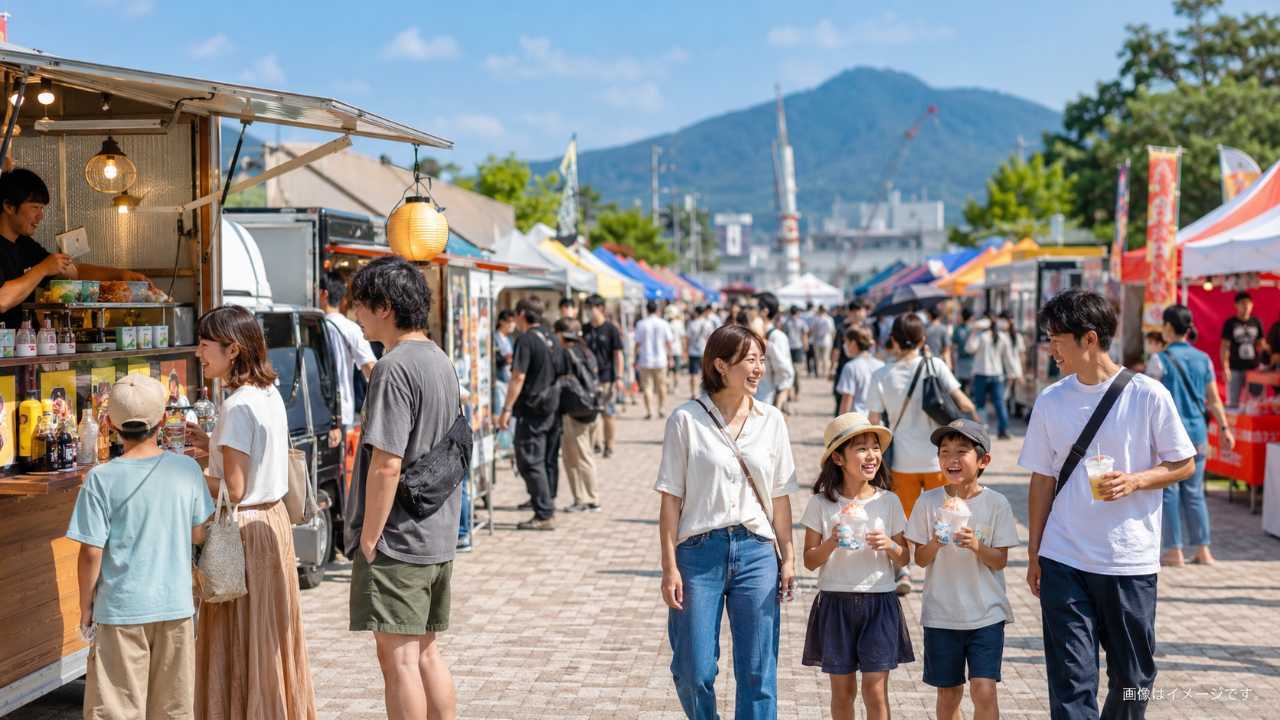 境港の夏祭りで屋台やキッチンカーが並ぶにぎやかな会場風景