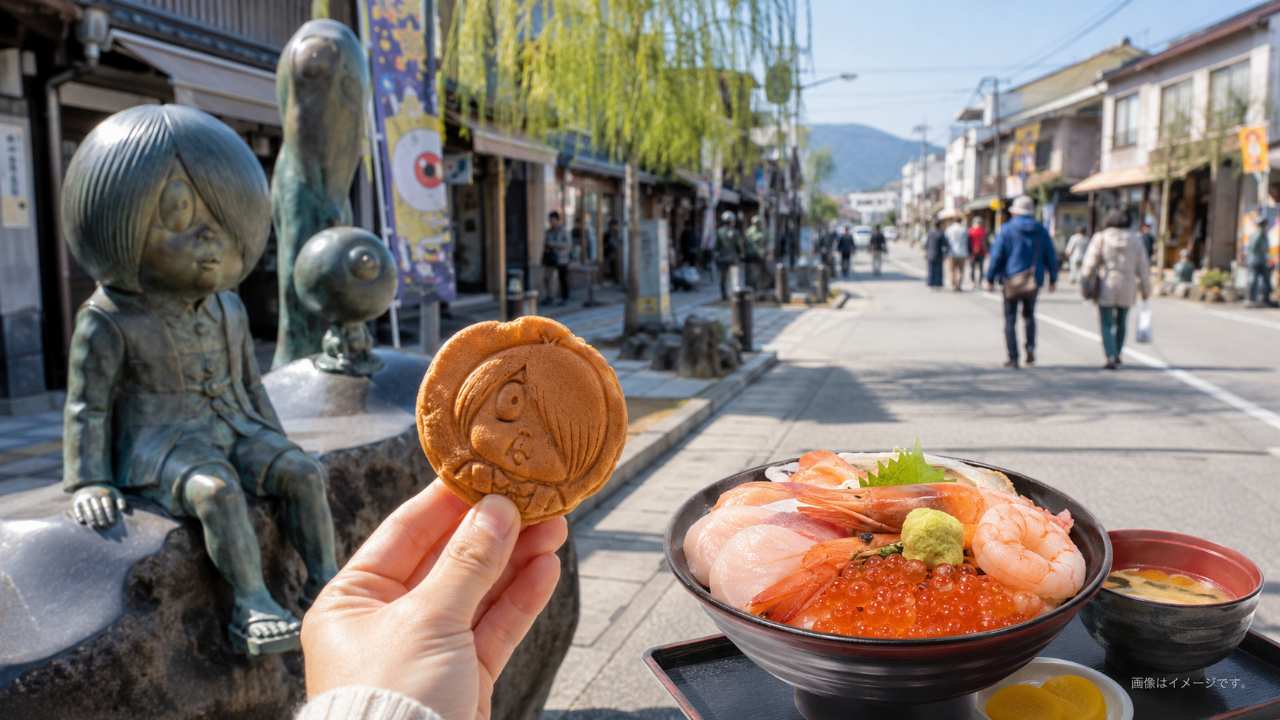 水木しげるロードの街並みを背景に、妖怪ブロンズ像、手に持った妖怪スイーツ、境港らしい海鮮グルメ