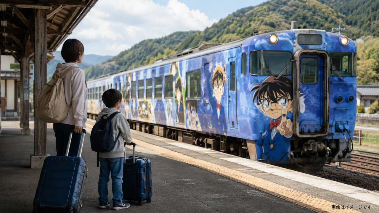鳥取県の駅ホームで観光列車を待つ親子、旅行バッグ、穏やかなローカル線の雰囲気