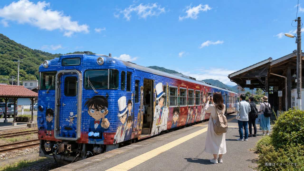 鳥取のローカル駅に停車する名探偵コナン列車をイメージしたラッピング観光列車