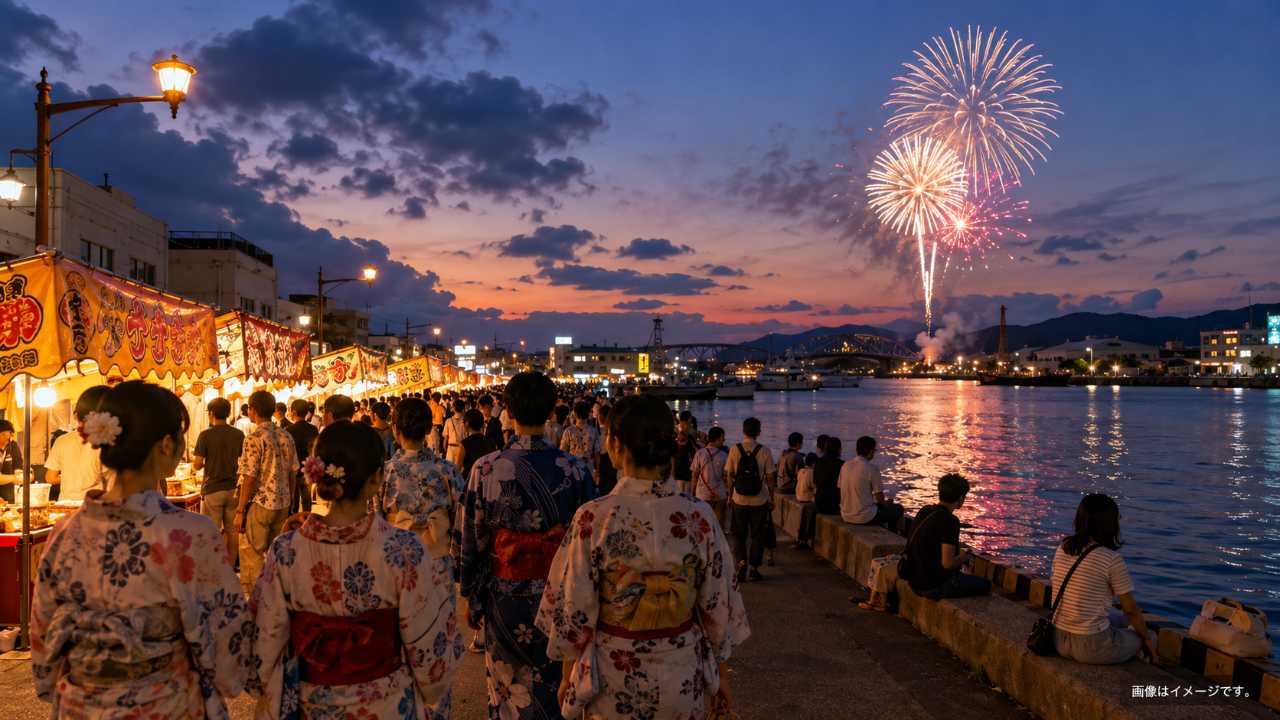 鳥取県境港の港町を背景にした夏祭りのアイキャッチ画像