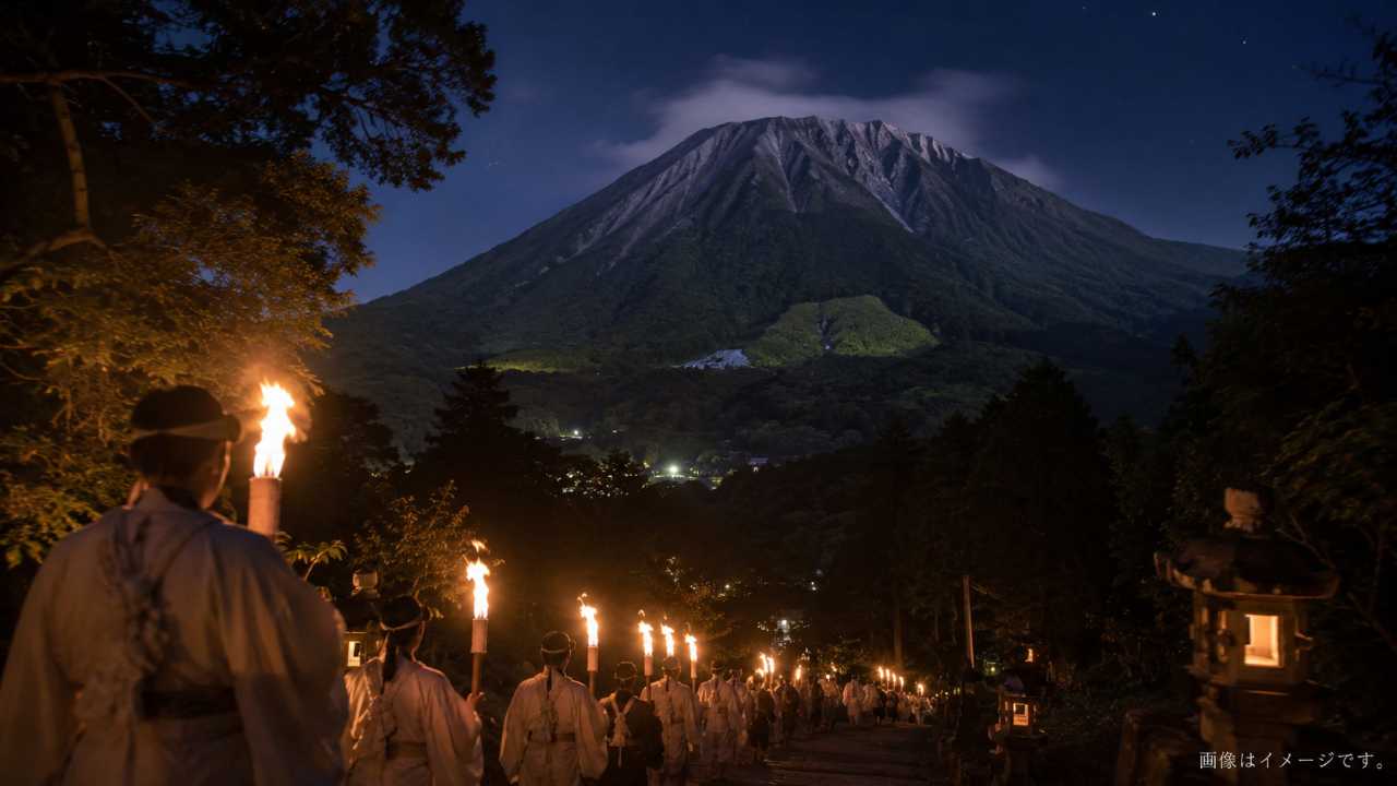 鳥取県の大山を背景に、初夏の緑の山並みと夜のたいまつ行列