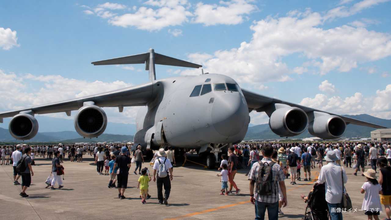 航空祭会場で大型輸送機の地上展示を見学する来場者の実写風写真
