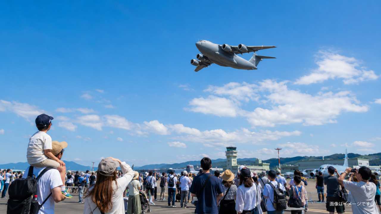 鳥取県境港市の航空祭をイメージした青空の下、大型輸送機がゆったり飛行