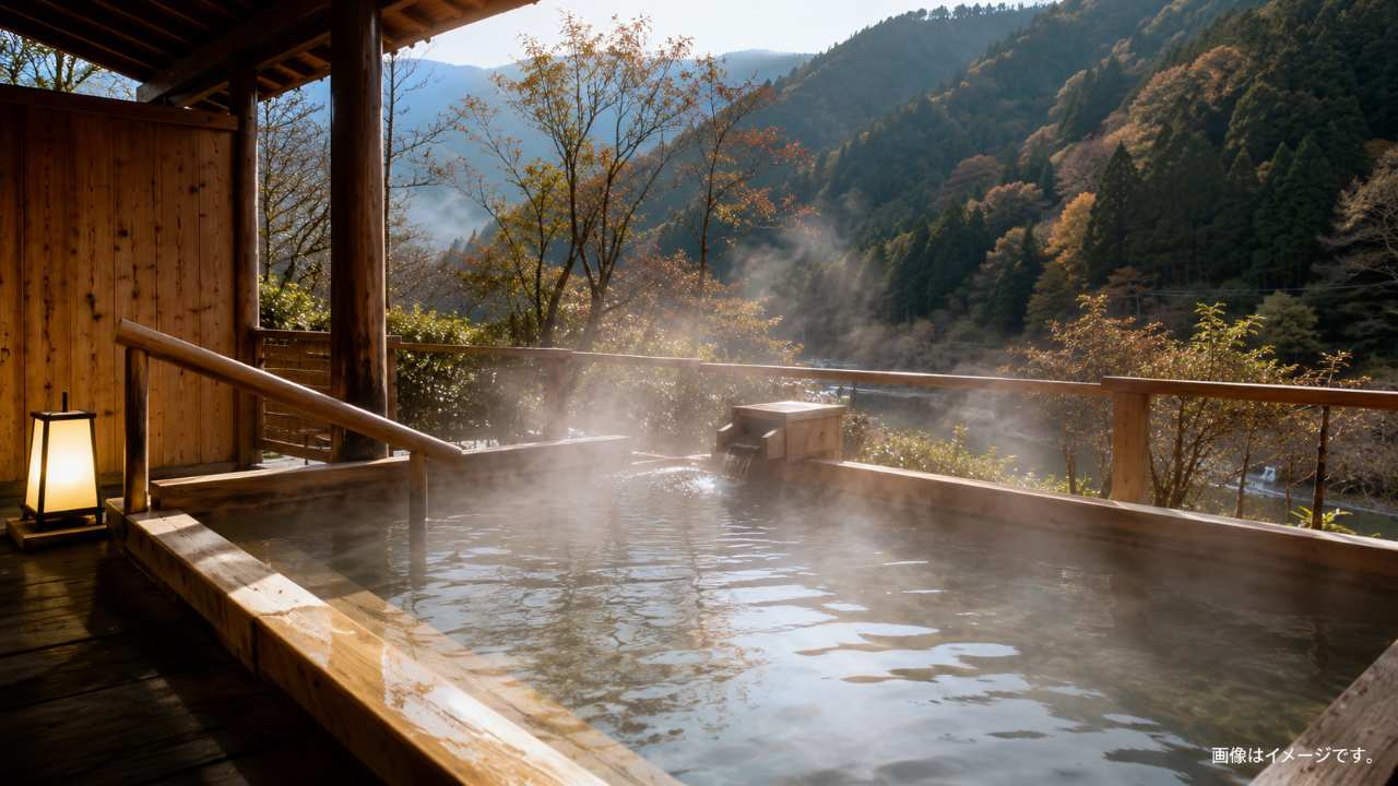 法勝寺温泉の露天風呂をイメージした写真風画像
