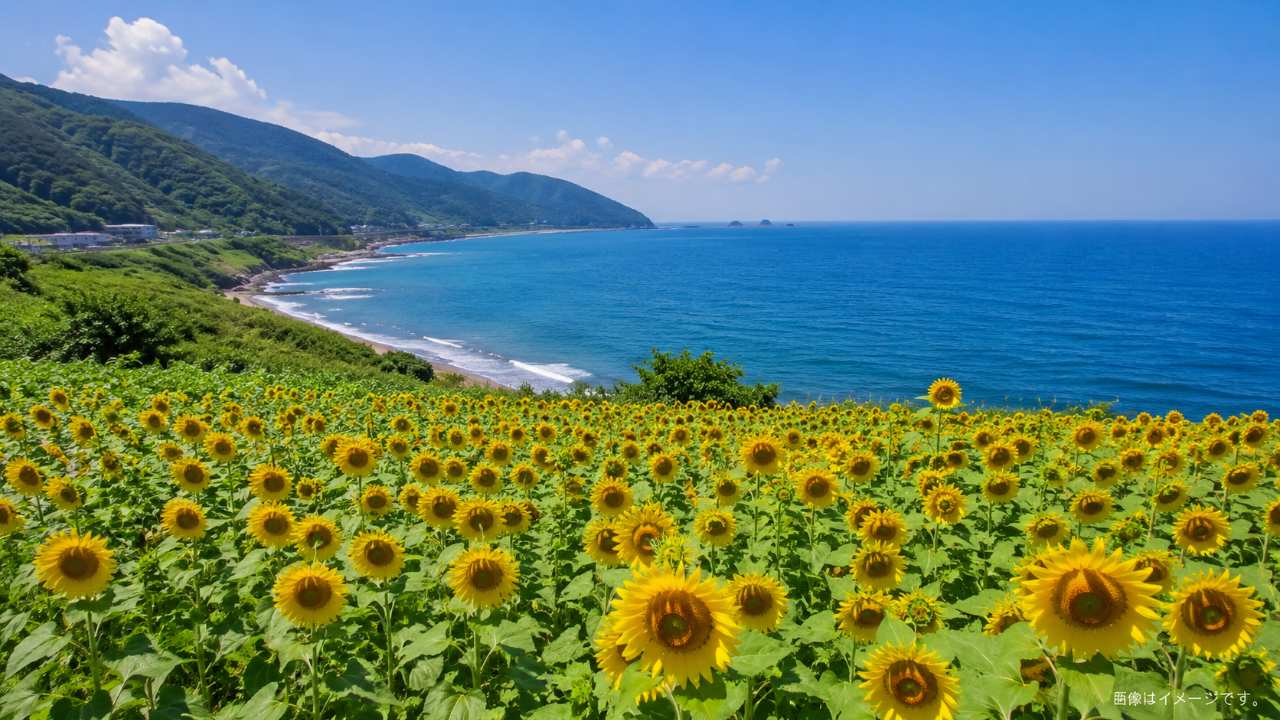 海岸沿いに咲くひまわり畑、青い日本海