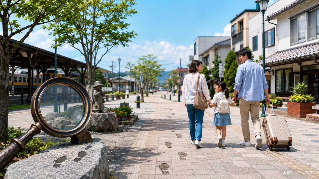 鳥取県北栄町をイメージした明るい町並み、駅から続く散策路、探偵作品を連想させる虫眼鏡や足跡のモチーフ