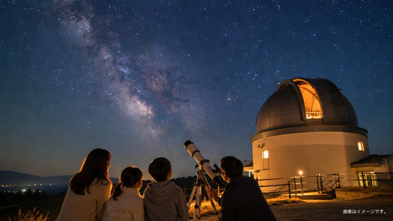 さじアストロパークをイメージした天文台と星空、望遠鏡をのぞく家族の後ろ姿