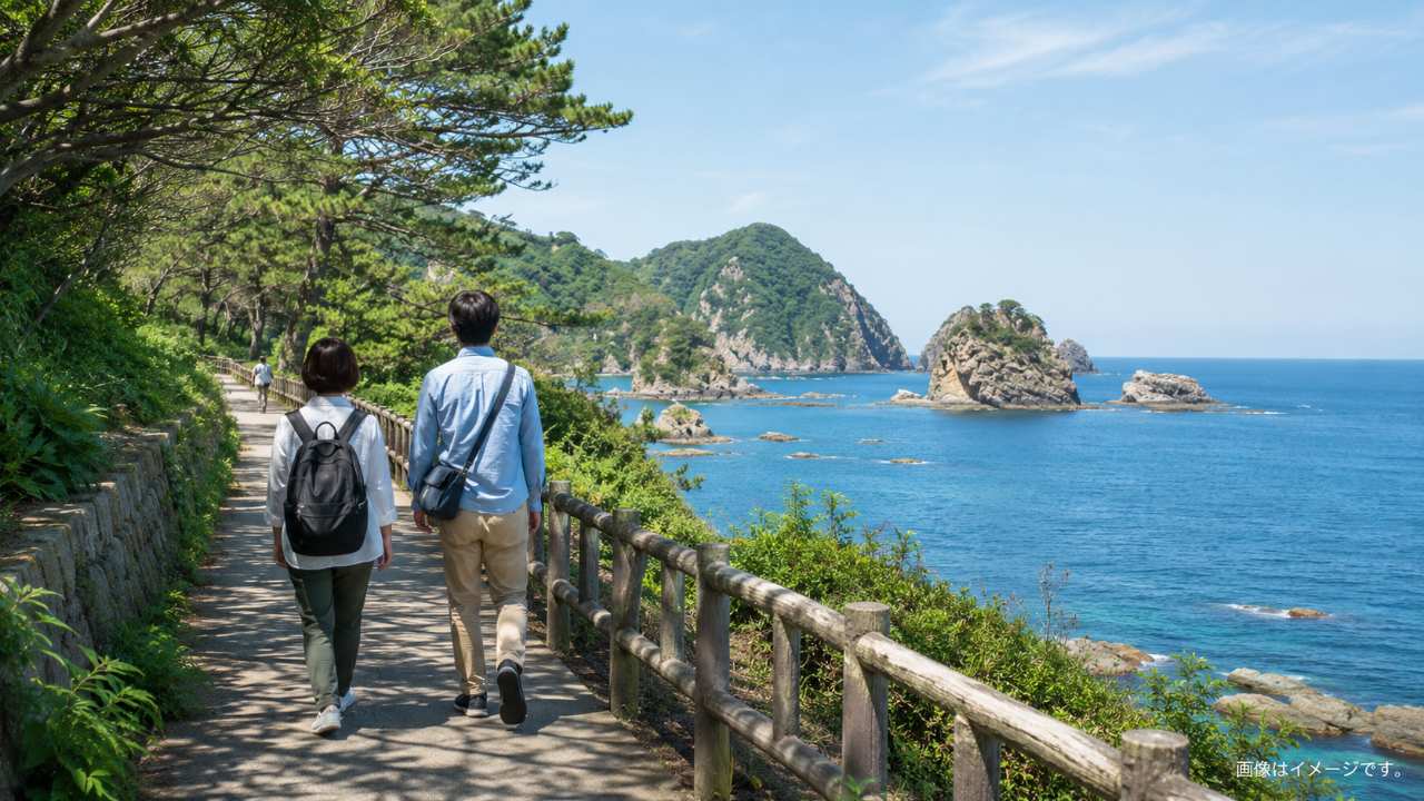 浦富海岸自然探勝路を歩く旅行者の後ろ姿