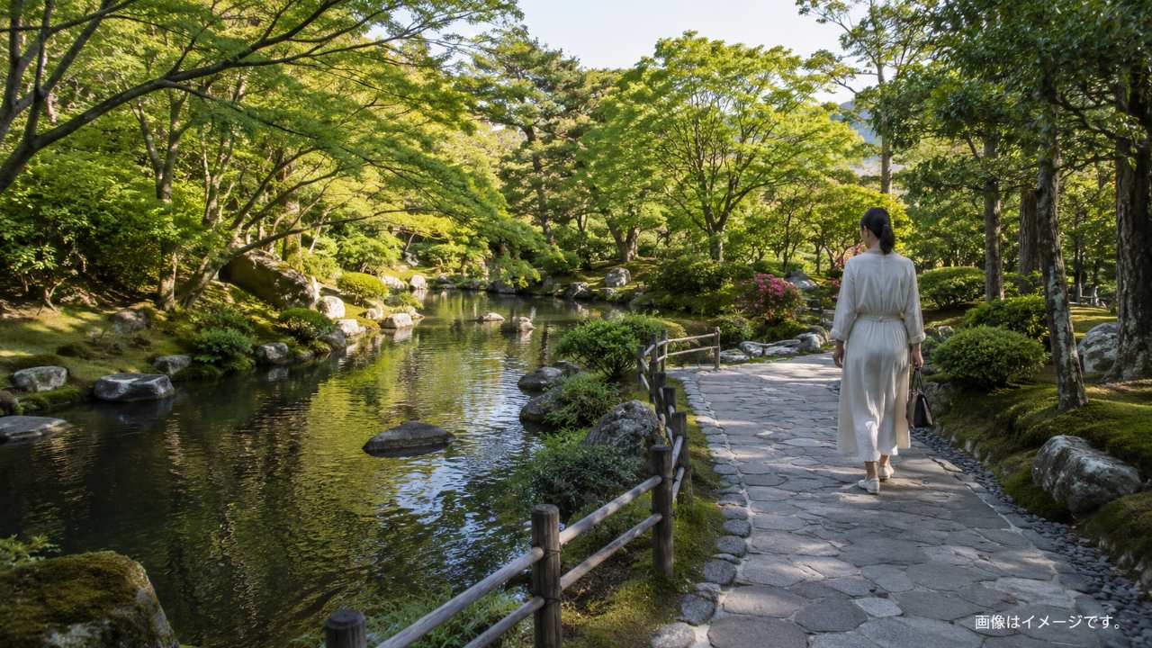 。湊山公園の日本庭園をイメージした静かな散策風景