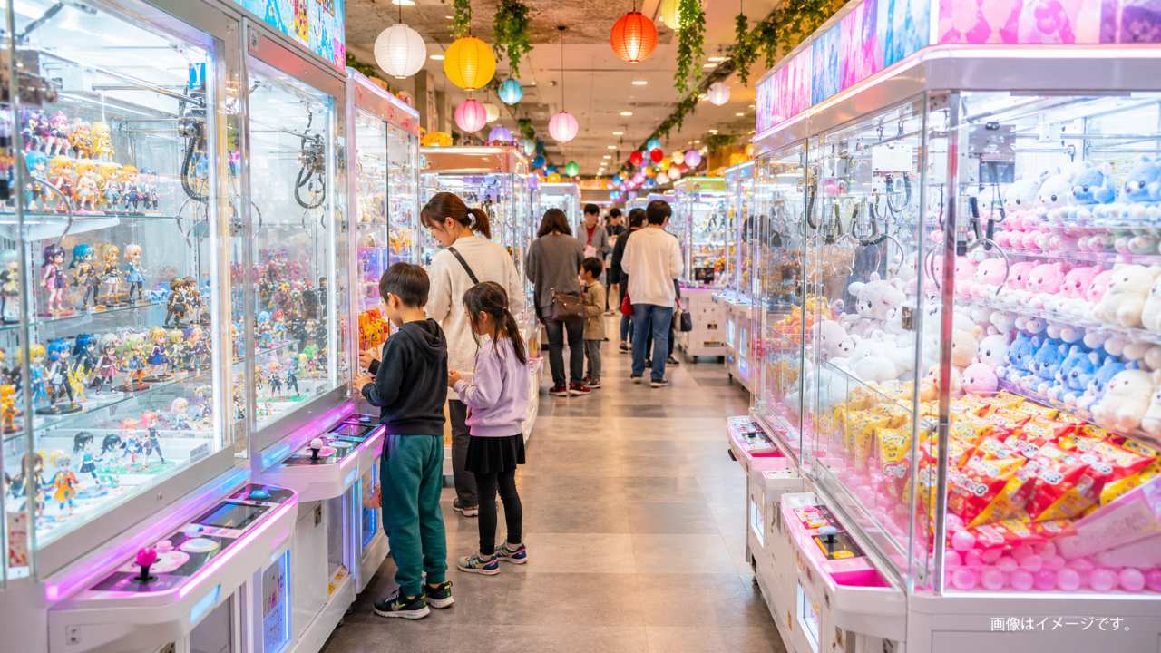 家族でクレーンゲーム店に遊びに来て、子どもが景品を見て喜んでいる実写風写真