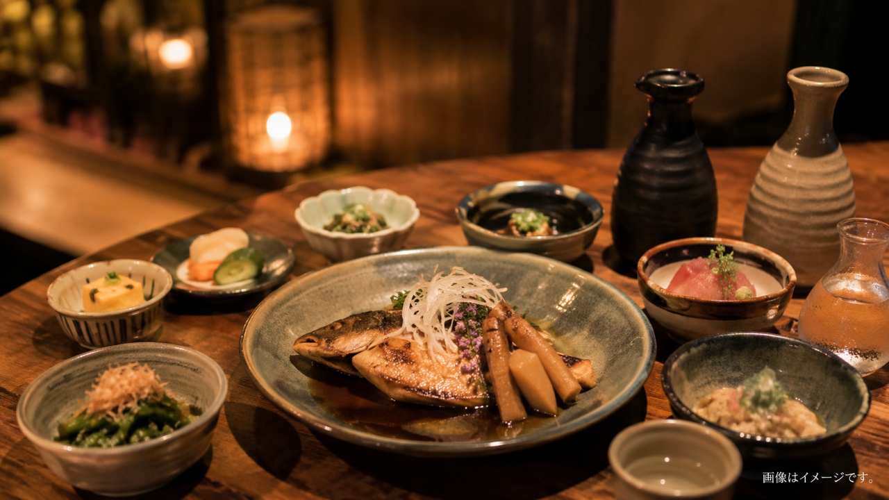 倉吉の夜ご飯として和食と日本酒が並ぶテーブル、魚料理、季節の小鉢、落ち着いた居酒屋