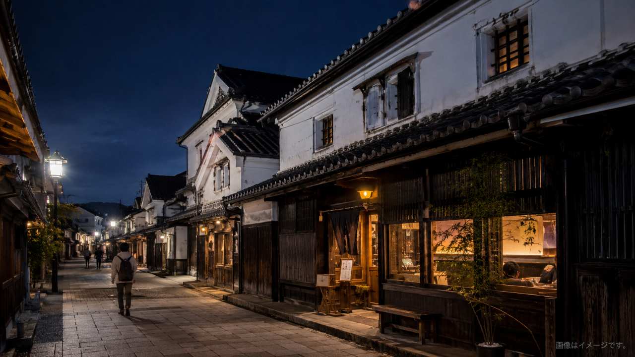 倉吉の白壁土蔵群を思わせる落ち着いた夜の街並み、温かな飲食店の灯り、旅人が夜ご飯を楽しみに歩いている雰囲気