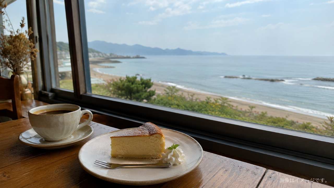 鳥取の海沿いカフェの窓際席、テーブルにコーヒーとケーキ、窓の外に日本海