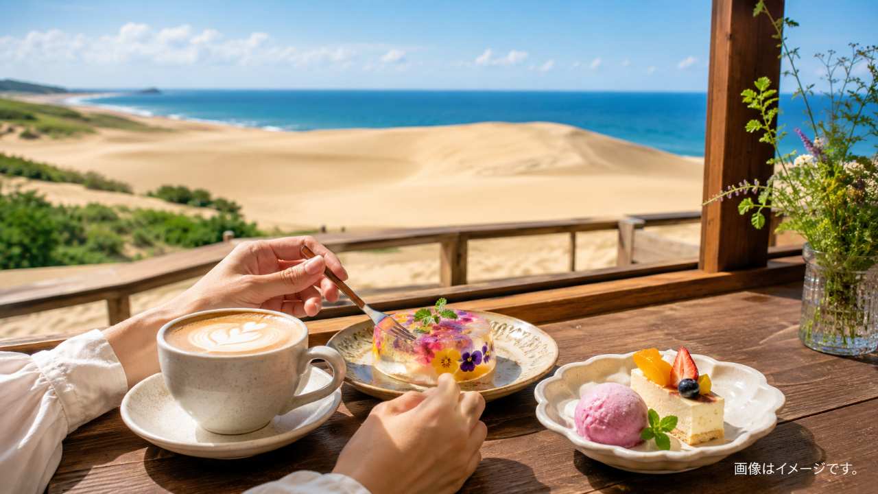 鳥取砂丘と日本海を背景に、おしゃれな木造カフェのテラスでカラフルなスイーツとカフェラテを楽しむ旅行者の手元
