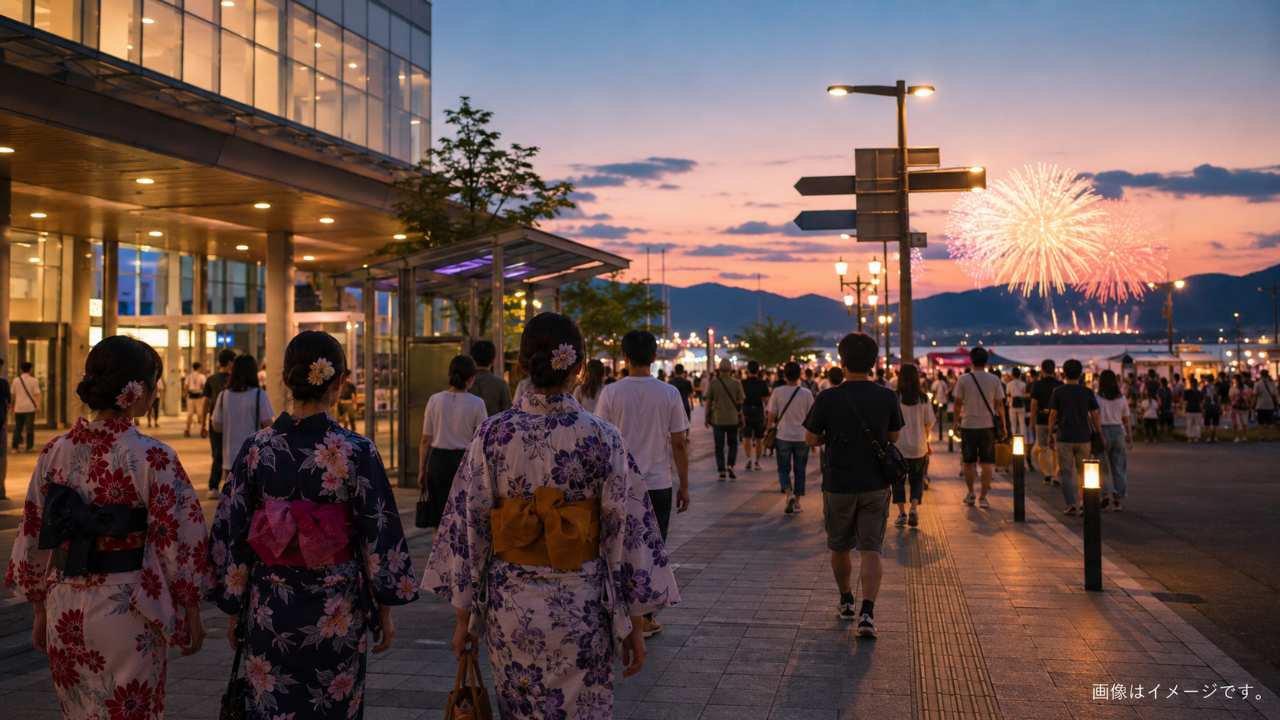 鳥取駅から花火会場へ向かう夏祭りの人々