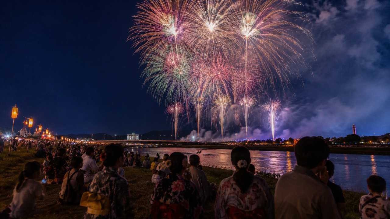 鳥取県倉吉市の夏祭りをイメージした夜の河川敷、飛天夢広場のような広い川沿いで大きな花火が夜空