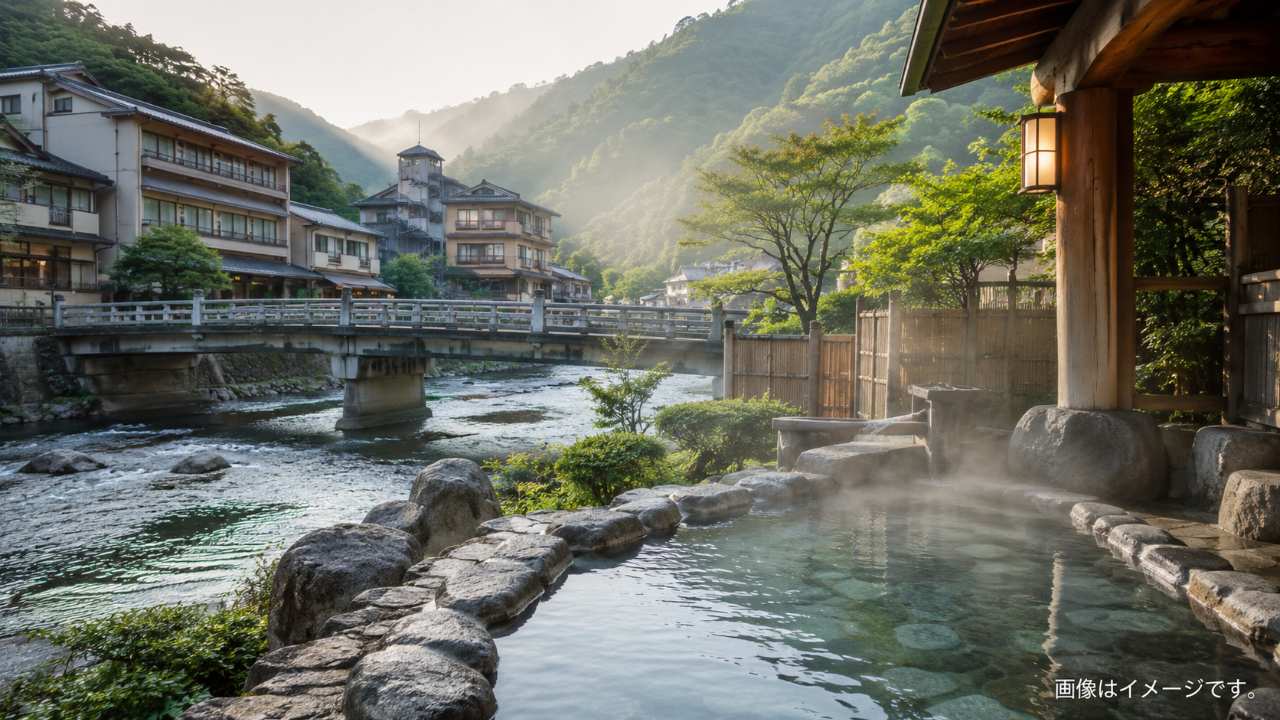 鳥取県の山あいにある三朝温泉の川沿い露天風呂をイメージ