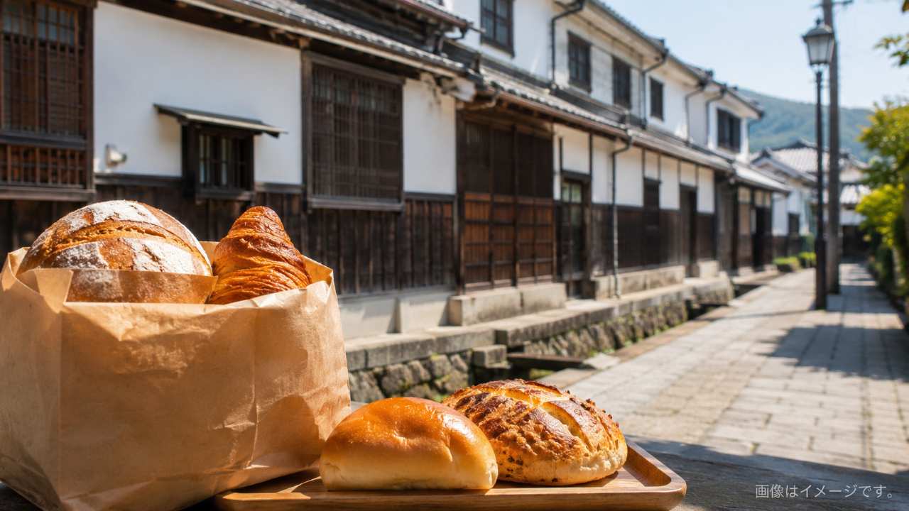 倉吉の白壁土蔵群を思わせる落ち着いた町並みを背景に、焼きたてのパンが入った紙袋と木製トレー