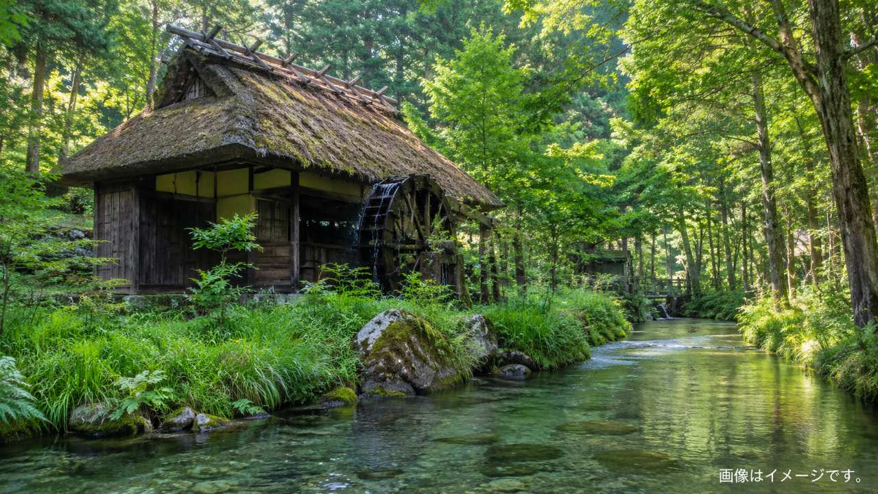 鳥取県米子市淀江町の名水スポットをイメージした、茅葺き屋根の水車小屋と透明な清流