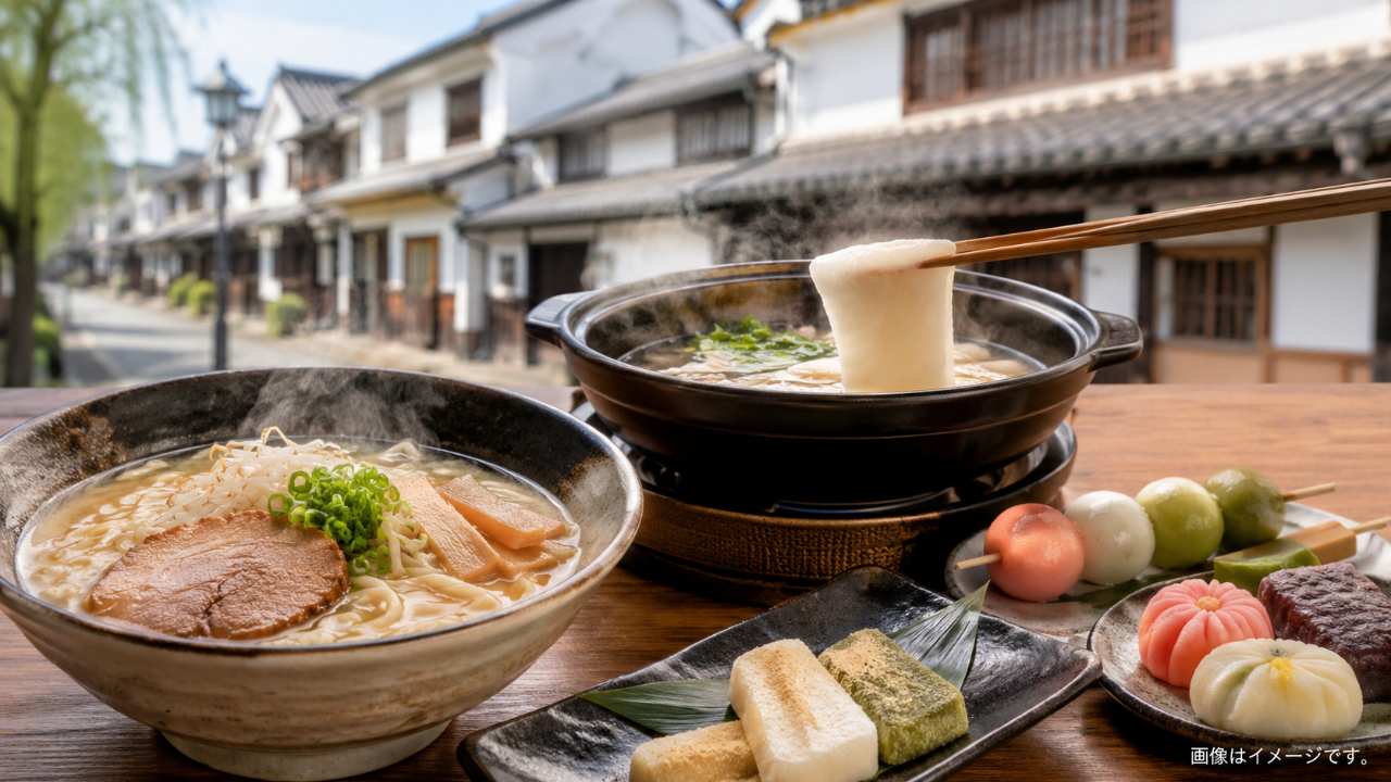 倉吉の白壁土蔵群を背景に、牛骨ラーメン、もちしゃぶ、三色だんご、和風スイーツが上品に並ぶブログ用アイキャッチ画像