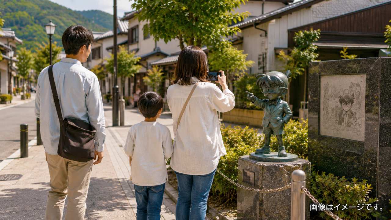 コナン通りのモニュメントを探しながら歩く家族旅行のイメージ