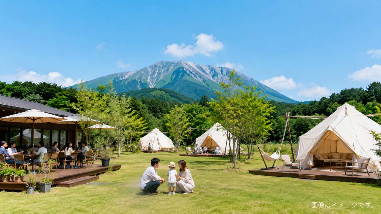 鳥取県大山の山麓にある開放的なアウトドアリゾートをイメージした写真風アイキャッチ