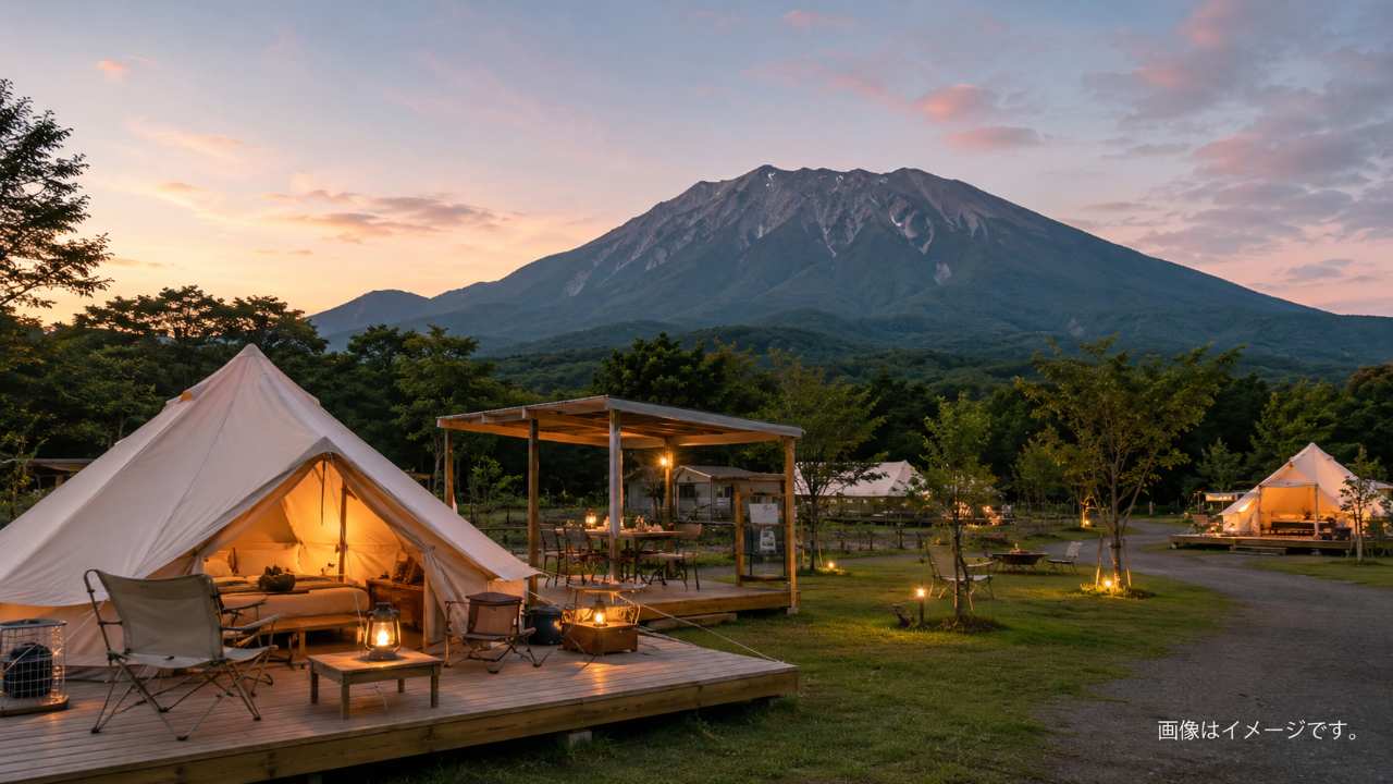 大山を背景にした手ぶらキャンプのテントサイト。常設テント、木製デッキ、キャンプチェア、柔らかな夕方の光、初心者でも安心できる清潔な雰囲気