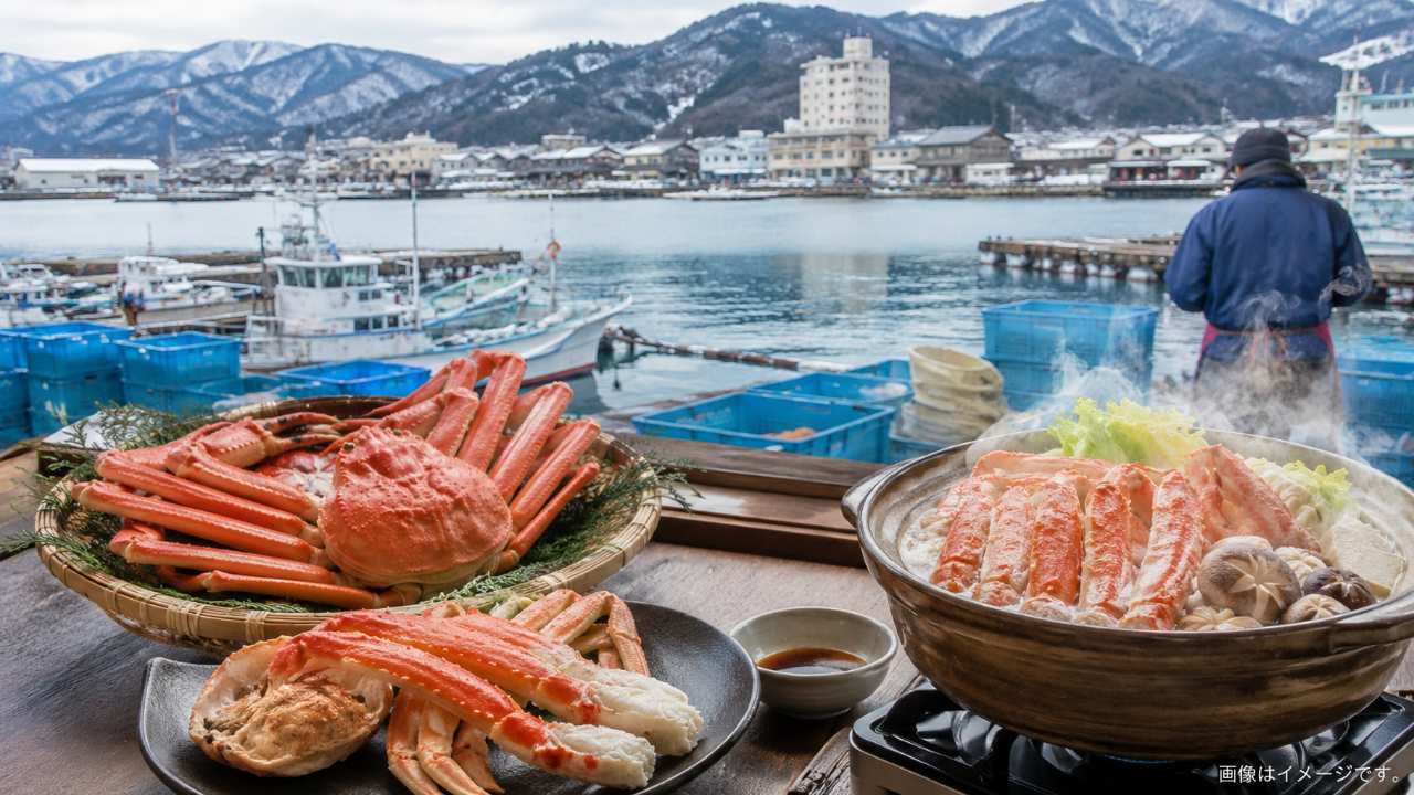 冬の鳥取をテーマにしたブログ用アイキャッチ画像。日本海の港町を背景に、湯気の立つ松葉ガニ料理、茹でガニ、カニ鍋、海鮮市場の雰囲気を自然に配置